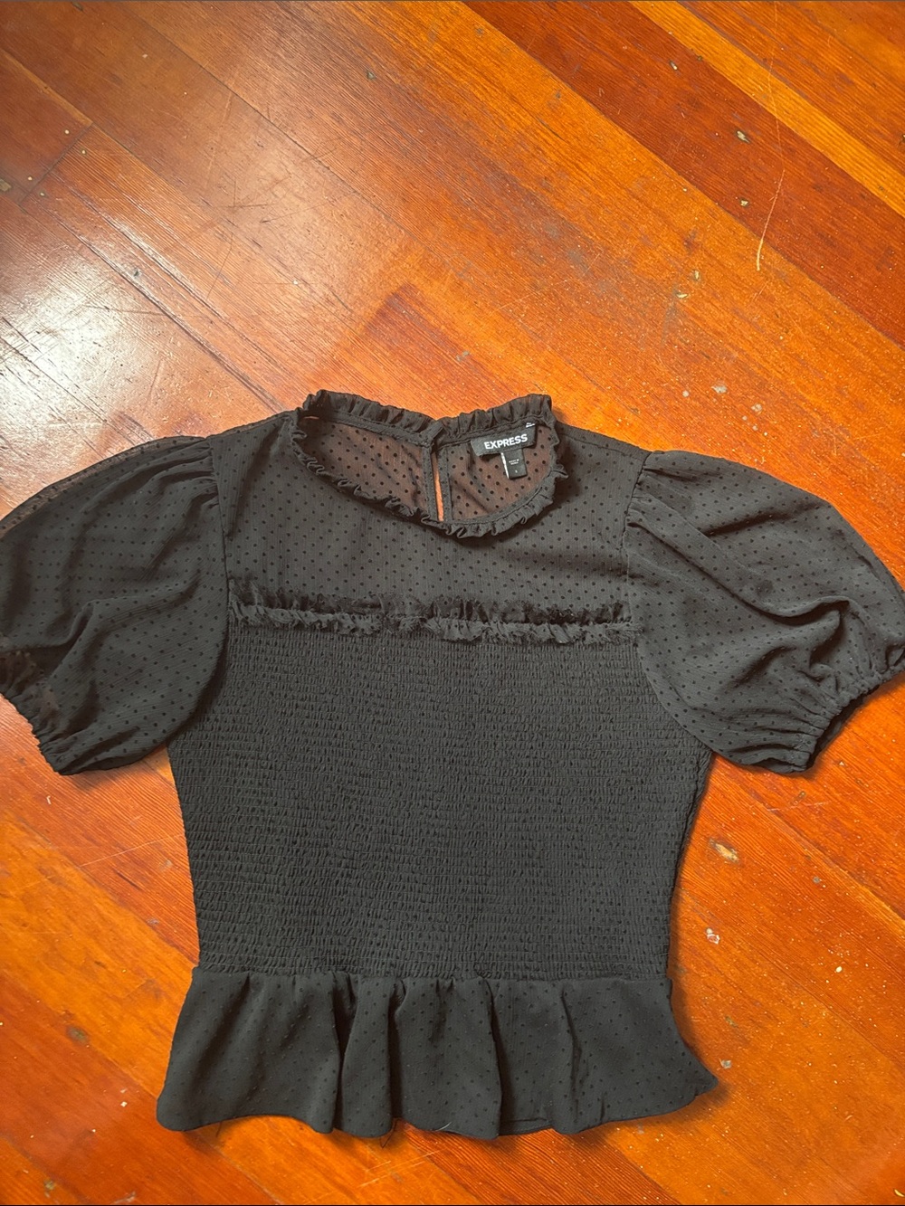 Express Black Puff Sleeve Smocked Peplum Top - Picture 3 of 6